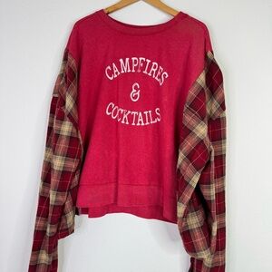 Hand Crafted Red Sweatshirt with Plaid Sleeves